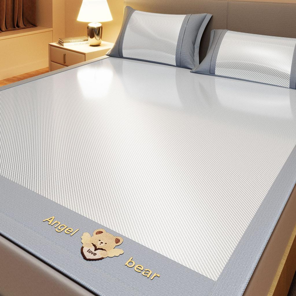 Machine Washable 3-Piece Ice Silk Cooling Mat Set with 2 Pillowcases, Breathable Summer Bed Sheet for Home Dorm, Soft Fitted Sheet