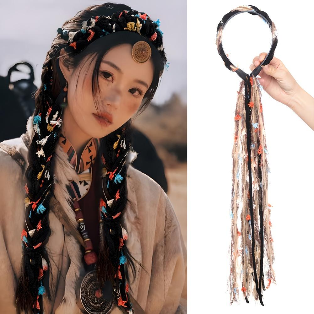 Ethnic Style Bohemian Tassel Headband 22Inch Colorful Braids Hairpieces for Women