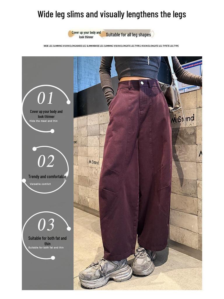 Dark Blue Korean-Style High-Waisted Wide-Leg Pants for Women - Plus Size, Slimming, Casual, 100% Cotton, Autumn Suitable.