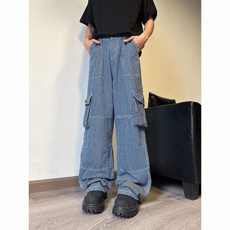 24FW Mens Striped Denim Jeans Loose Fit Plus Size Casual Workwear Trousers