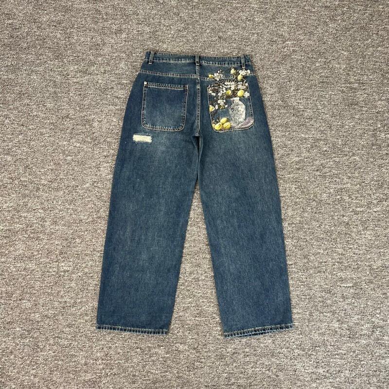 High Stretch Straight Leg Jeans Teens Bear Embroidery Distressed Wash Casual Pants