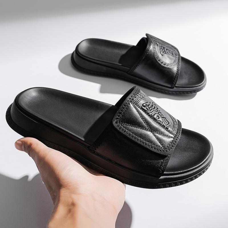 Slippers Men's summer wear Internet celebrity slippers Super fire tide brand one-word slippers Outdoor non-slip wear-resistant leather cool slippers