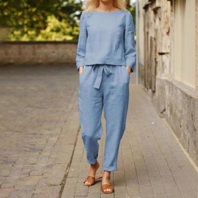 Yousheng 2 шт./комплект женский топ брюки комплект круглый вырез длинный рукав блузка винтажные эластичные талии брюки повседневный досуг свободный наряд