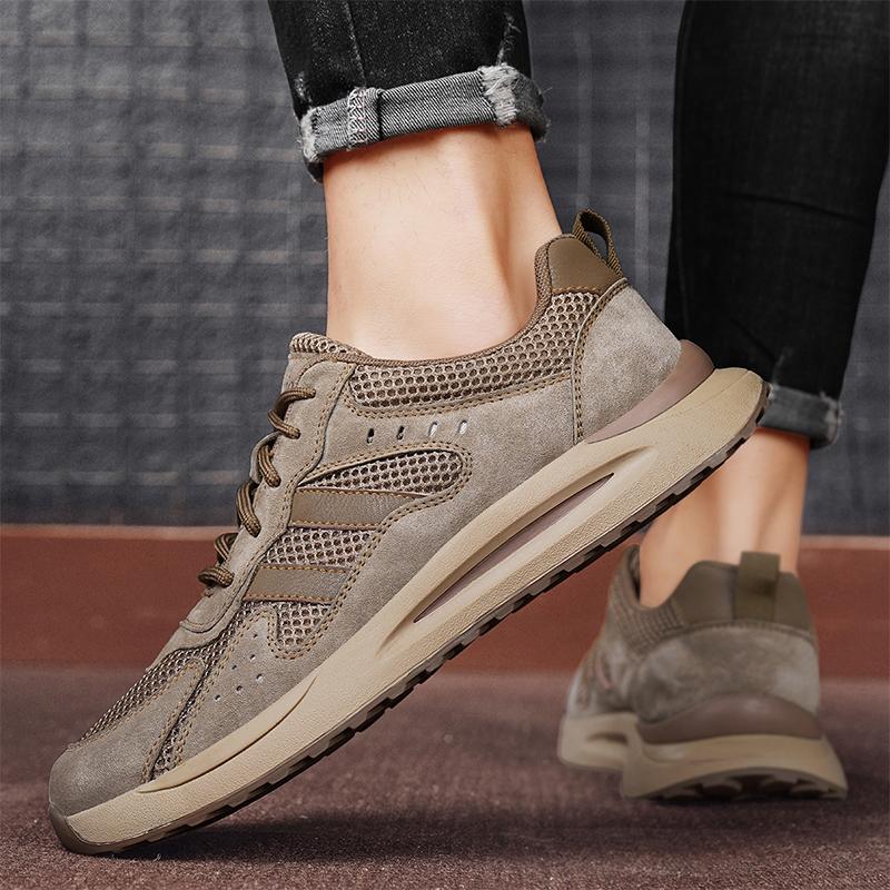 Повседневные сетчатые дышащие кроссовки из кожи с верхним слоем для мужчин, спортивная обувь для улицы, сетчатые перфорированные кроссовки для бега, мужская обувь