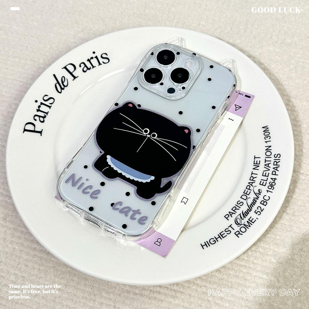 New Model Suitable for IPhone16promax Big Face Black Cat Protective Case Apple 15 Cute Polka Dot Lanyard Mobile Phone Case