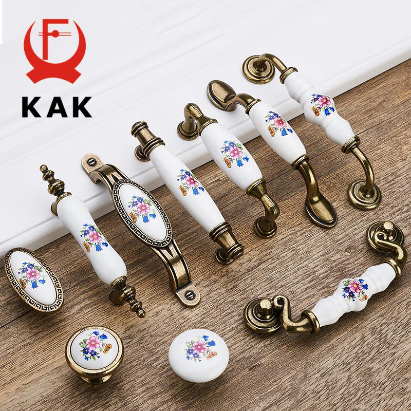 KAK Античный Бронзовый Керамический Ручки для Шкафа Ручки для Выдвижных Ящиков из Сплава Цинка Ручки для Дверей Шкафа Вьюнок Европейская Ручка для Мебели