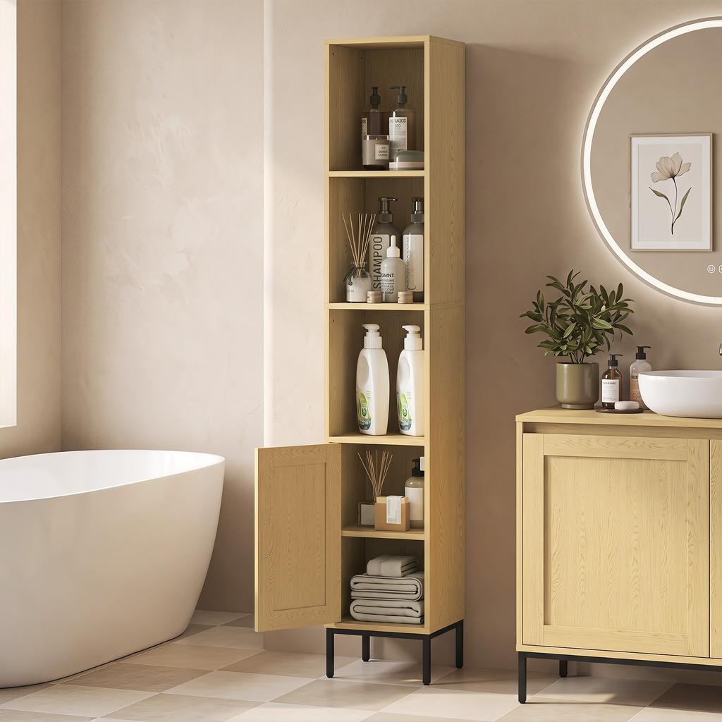 Tall Bathroom Cabinet, Narrow Bathroom Cabinet with Open Shelves and Adjustable Shelf, Natural Wood Look