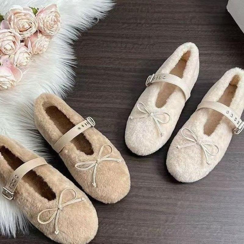 Зимние Новые Теплые Меховые Плоские Туфли Женская Мода Круглый Носок Бабочка Заклепки Мягкая Подошва Обувь Нескользящая Плюшевая Обувь Мэри Джейн