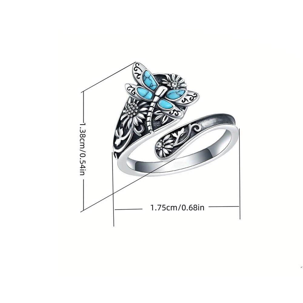 1 Pcs 925 Sterling Silver Vintage Ring Flower Dragonfly Blue Opal Open Adjustable Rings Jewelry Birthday Gift For Women Men