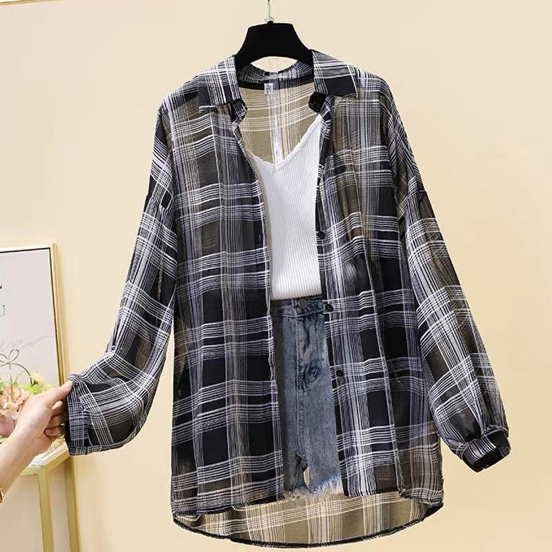 Женская тонкая клетчатая рубашка, повседневная блузка с длинным рукавом, солнцезащитное шифоновое пальто, женский кардиган на пуговицах, универсальная рубашка, топы Y2k