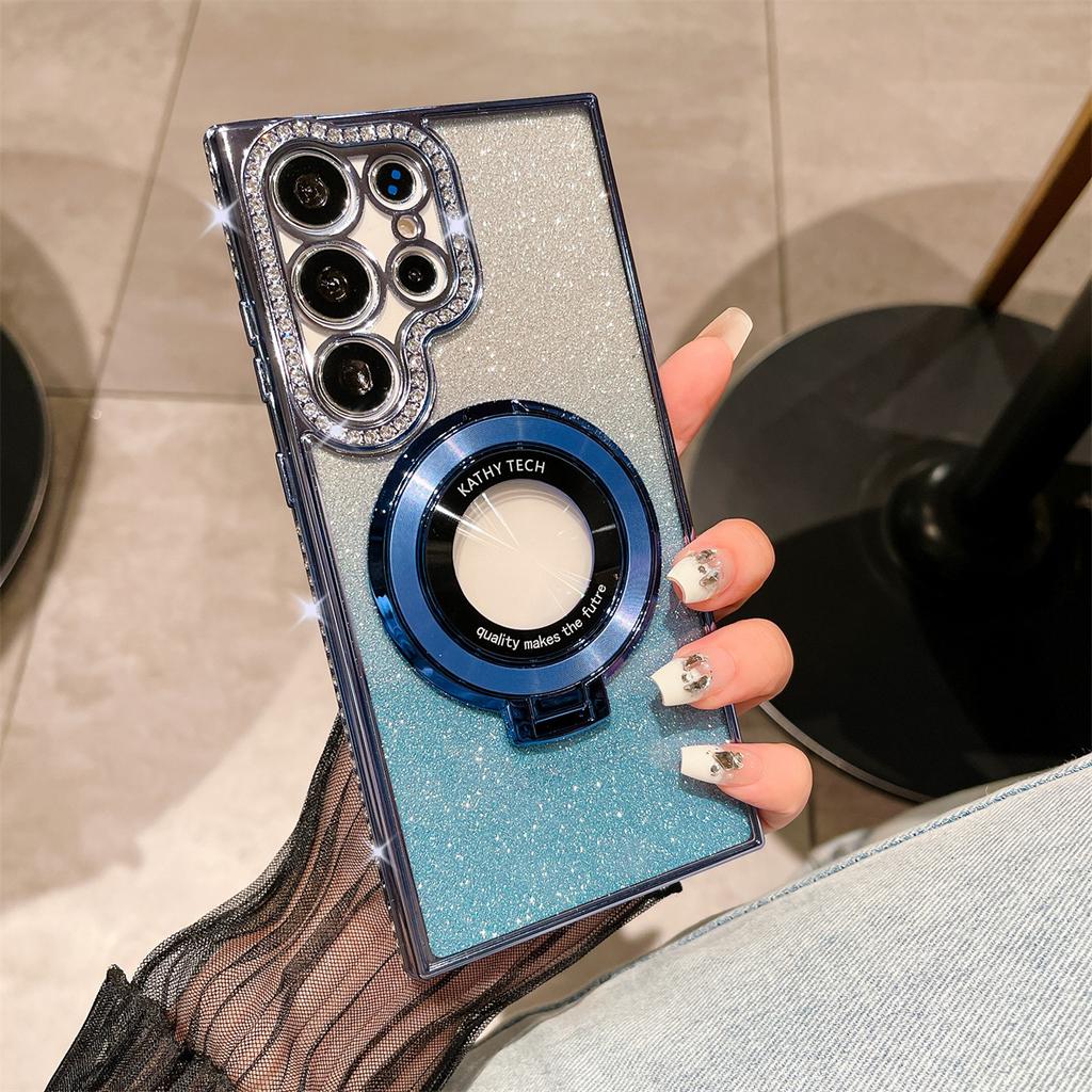 Samsung 25 Ultra Mobile Phone Case Rhinestone Flash Powder Electroplated Magnetic Bracket for Women's Model Suitable for S24 Soft Shell Anti Fall