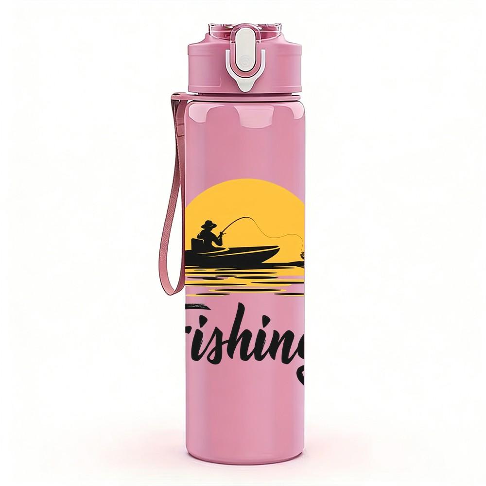 1PC Sunset Lake Fishing Silhouette Print 750ml Color Plastic Sports Water Bottle Leakproof Flip Straw Lid Suitable for Sports Office Home Use