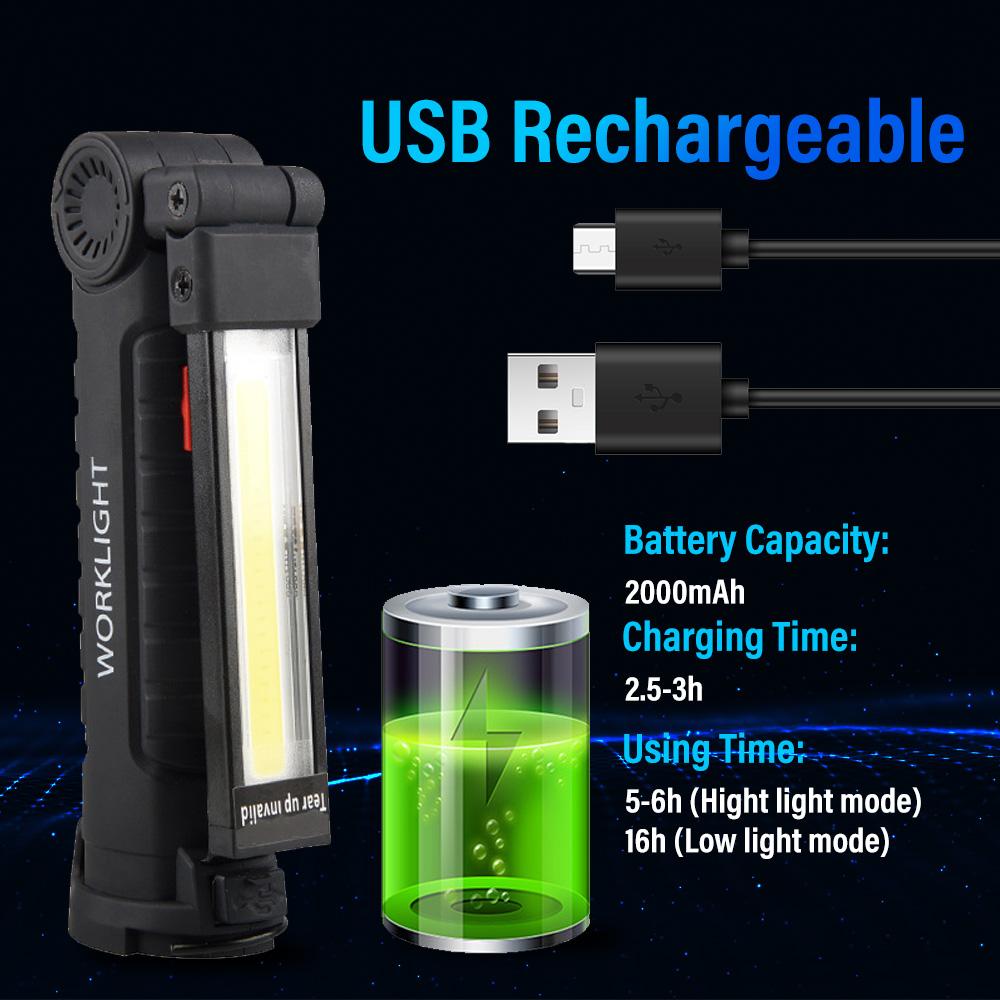 Rechargeable Camping LED Work Light COB Flashlight with Magnet and Hook Waterproof 5 Lighting Modes Suitable for Night Work