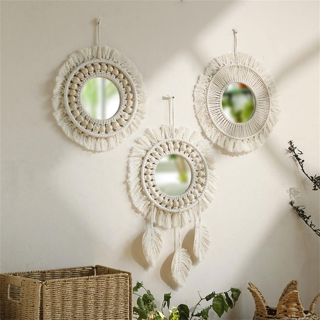 Bohemian Wall Hangings Mirrored with Macrames Woven Fringed Tassels Leaf Pendants Handmade Decorative Makeup Mirrored