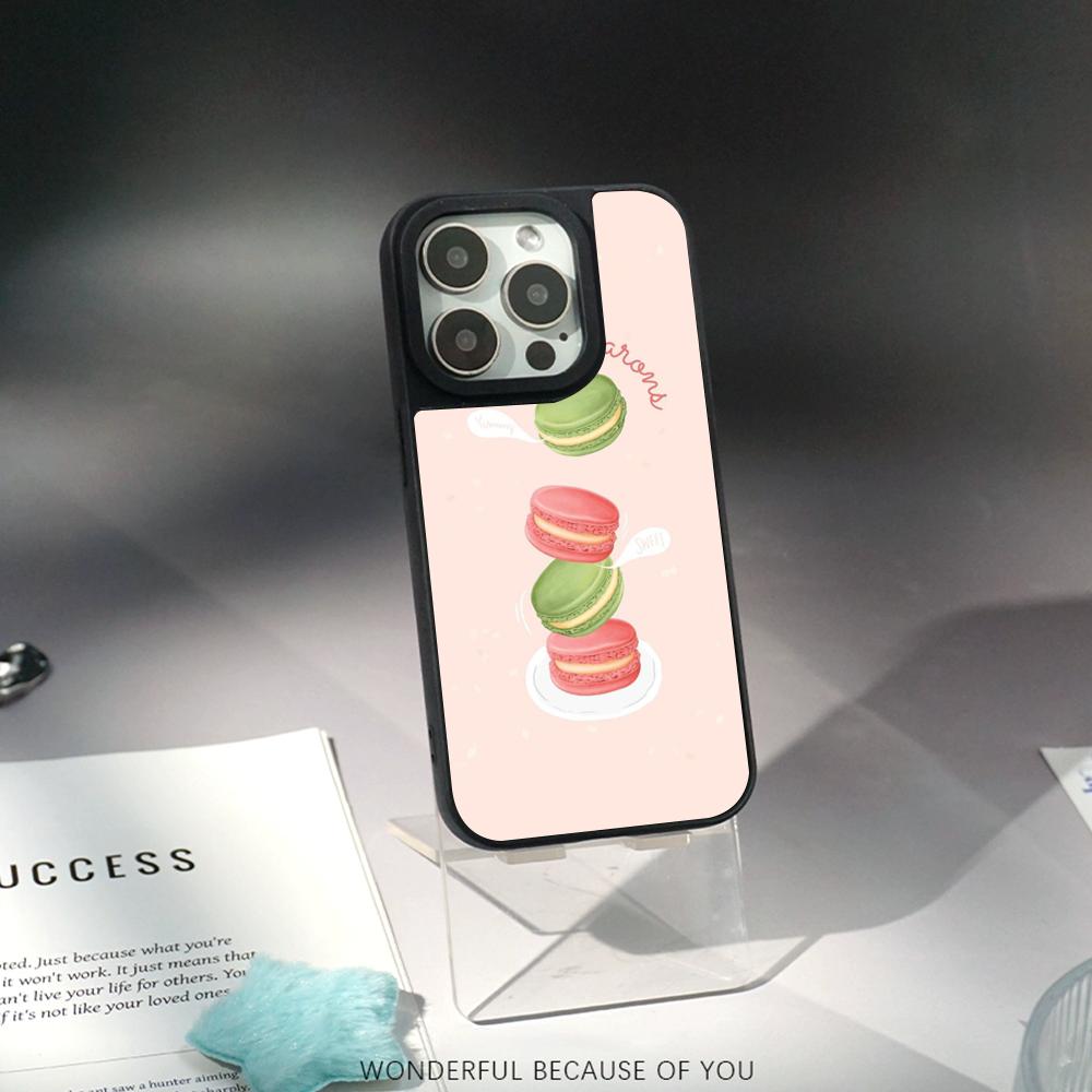 Macaron Cute pink girl pattern Phone Case for iPhone 17 16 e 15 14 13 12 Pro Max Sheepskin Silver-edged protective case