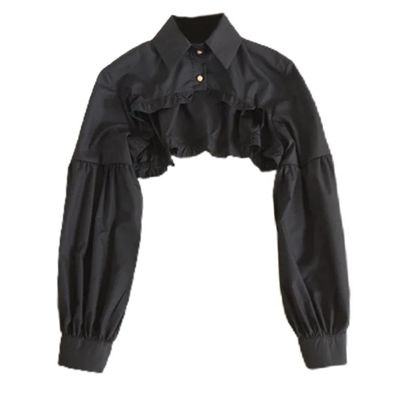 Women Puff Long Sleeve Half Top Blouse Ruffled Golden Button Detachable False Fake Collar Sweater Decorative Accessories