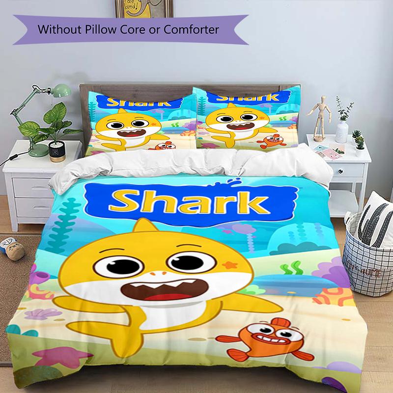 3pcs Pinkfong Shark (3) Design Cover Set - HD Printed Bedding with 1 Cover and 2 Pillowcases - Perfect for Home and Dorm Decor
