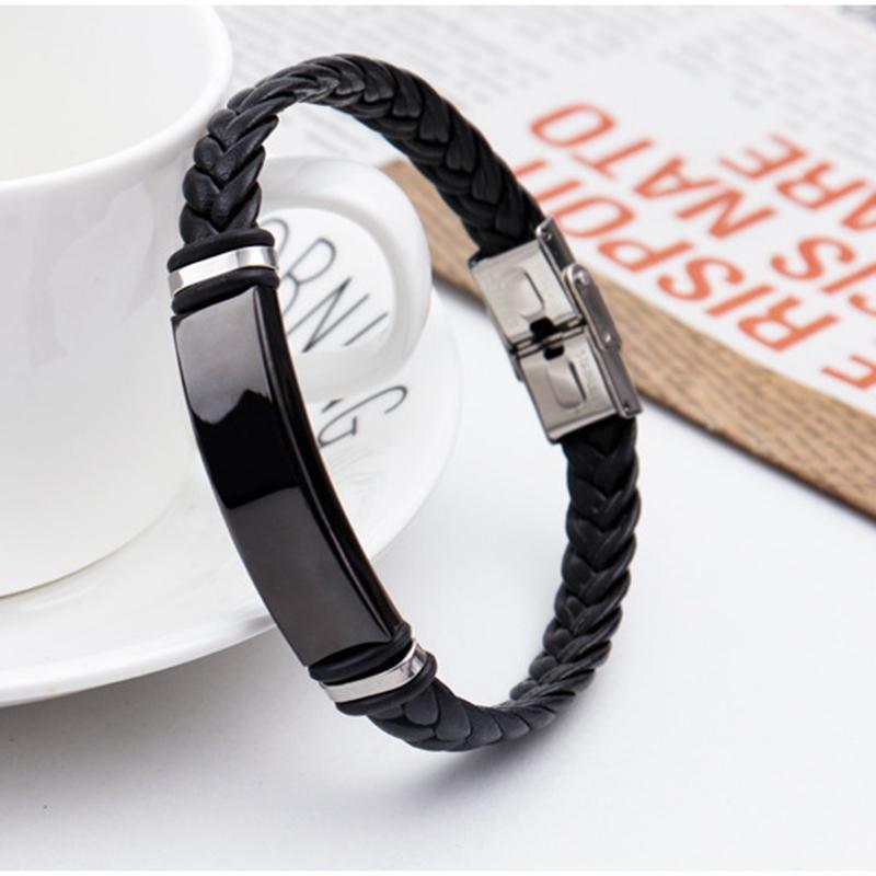 2022 Trendy Men Leatherwear Weave Bracelet Leisure Color Contrast Stainless Steel ID Bar Customize Engraving