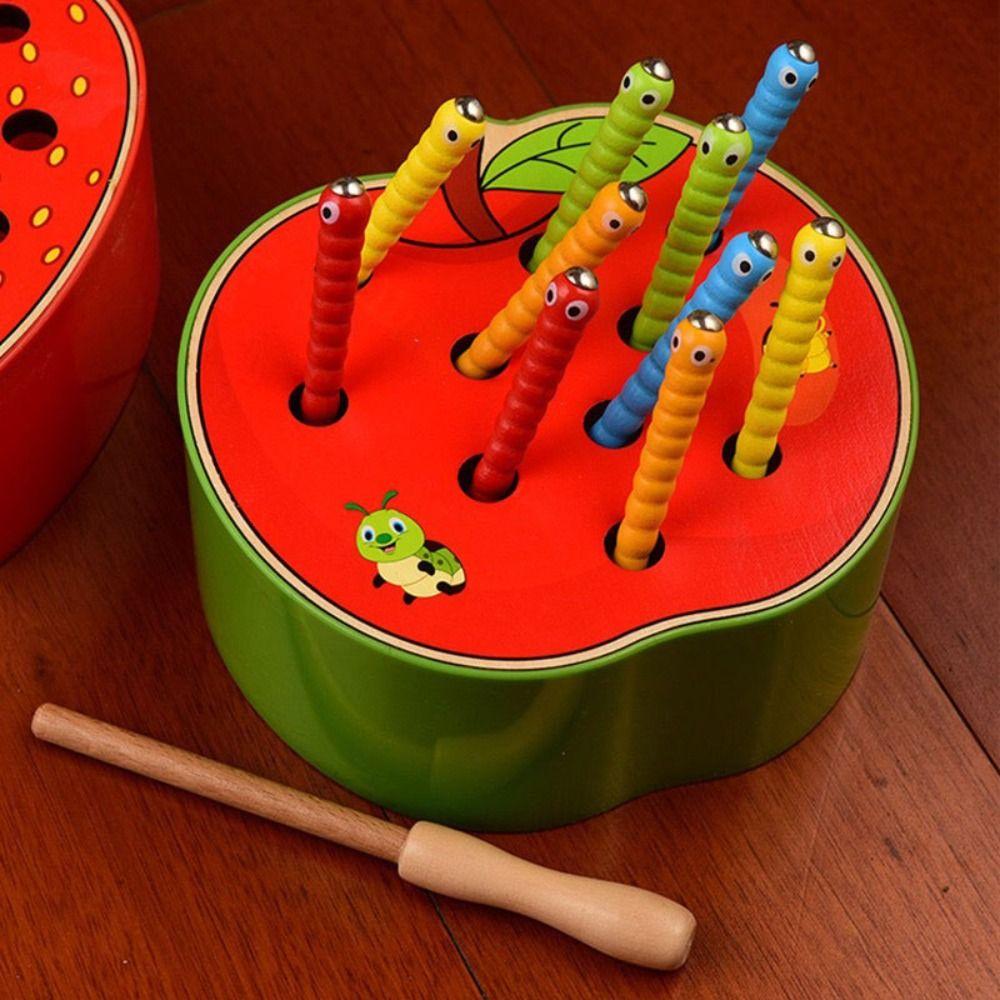Wooden Catching Worms Game Strawberry Apple Shaped Educational Apple Game Home Schooling
