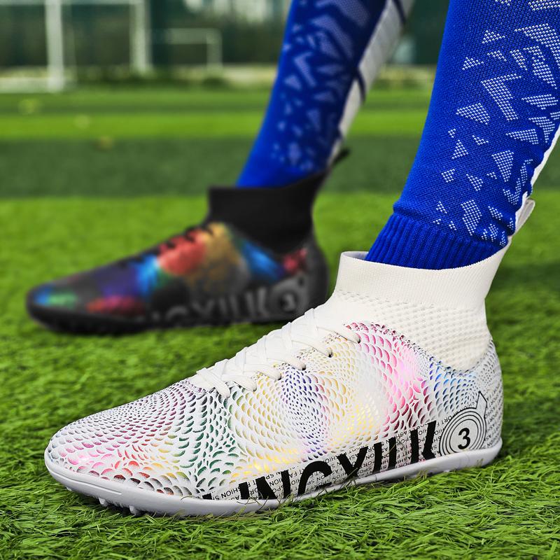 31-48унисекс футбольные бутсы с высоким верхом, эластичной резиной и мягкой подошвой TF футбольные бутсы мужские тренировочные специальные детские футбольные бутсы для соревнований
