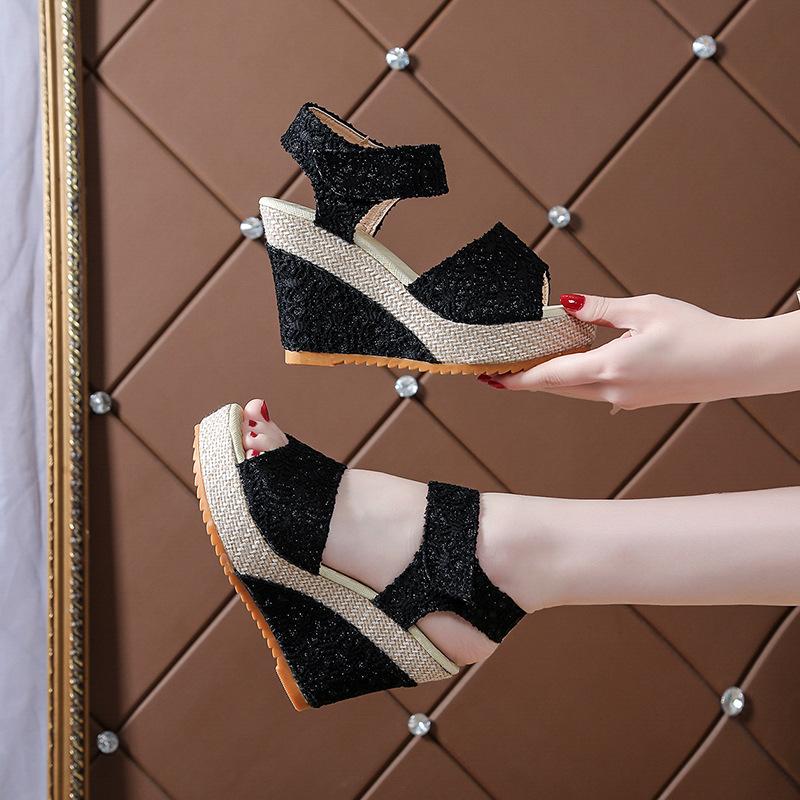 Летние босоножки с покатым каблуком «рыбий рот» на толстой подошве с высоким каблуком, женские туфли на липучках 35-41