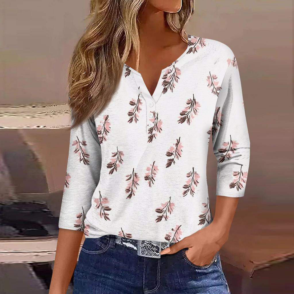 Женская модная повседневная футболка с цветочным принтом, V-образным вырезом, коротким рукавом, декоративными пуговицами и рукавом три четверти