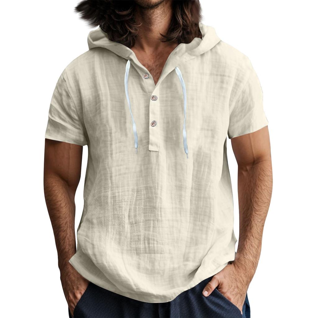 Мужская повседневная футболка с короткими рукавами, капюшоном и открытым воротом на пуговицах