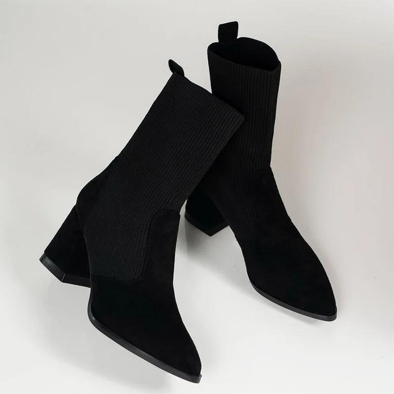 Осенне-зимние ретро-ботинки-носки, женские туфли, вязаные кожаные ботинки в стиле пэктворк с острым носком и толстым высоким каблуком, ботильоны 35-42