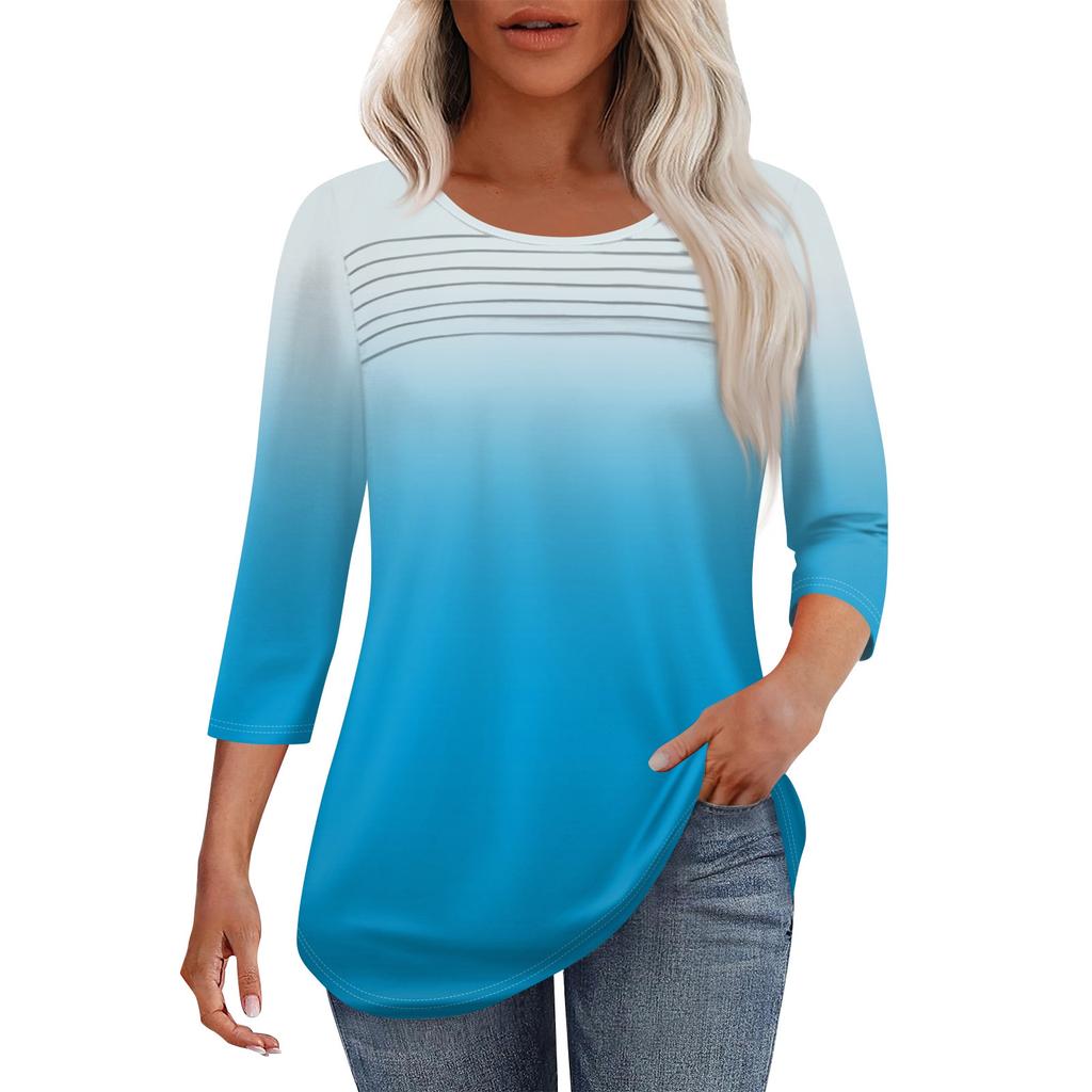 Женская мода круглый вырез шея плиссированная передняя планка однотонный топ рукав 3/4