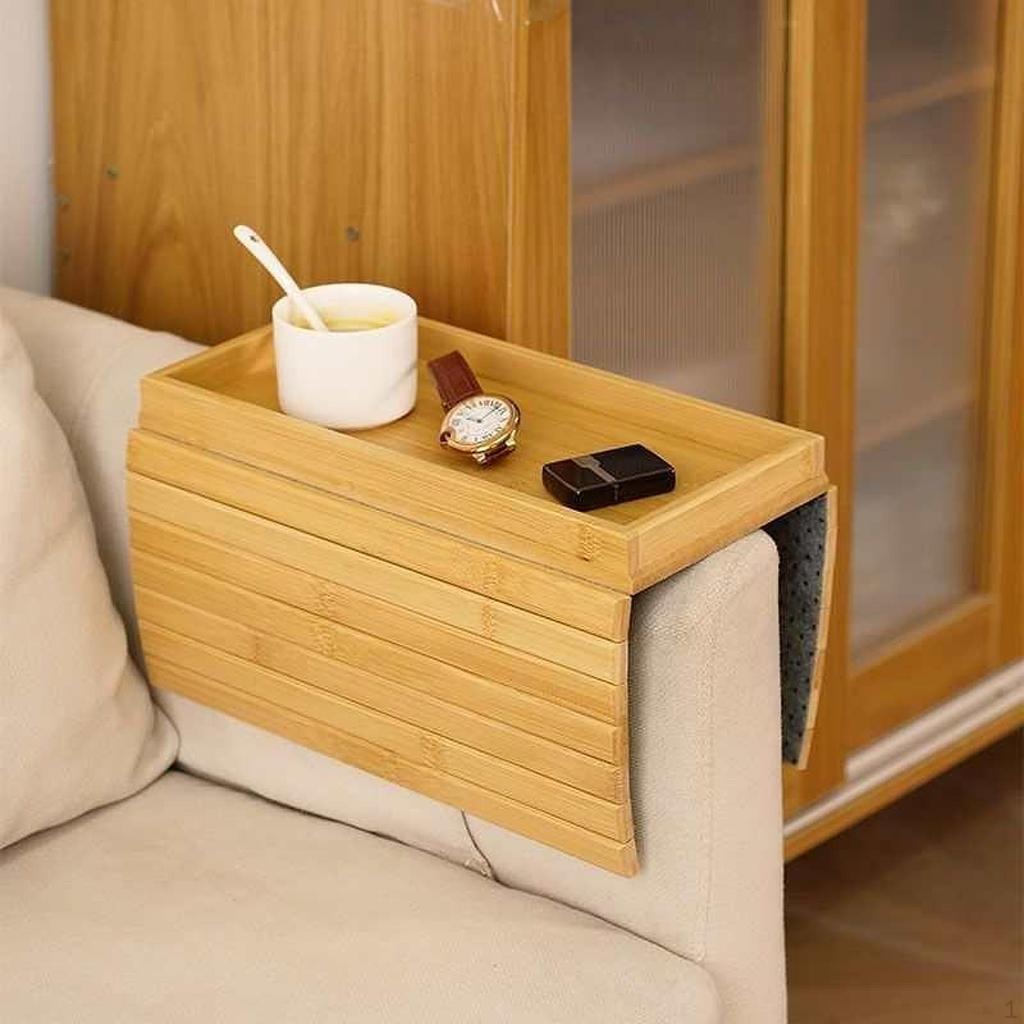 Sofa Arm Tray Non Slip Bottom, Flexible Rectangle Foldable Wooden Couch for Dessert, Snacks