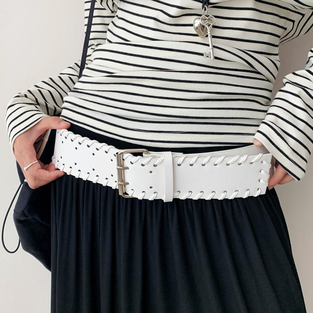 Y2k PU Leather Waistband Woven Western Cowboy Belt Fashion Women Wide Belt  Spicy Girl