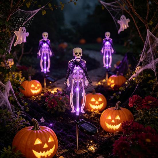 Automatic Solar Skeleton Lights Yard Stake Light, Halloween Glowing Skull Garden Decor Outdoor with Cloak, Waterproof Lawn Lamp for Haunted