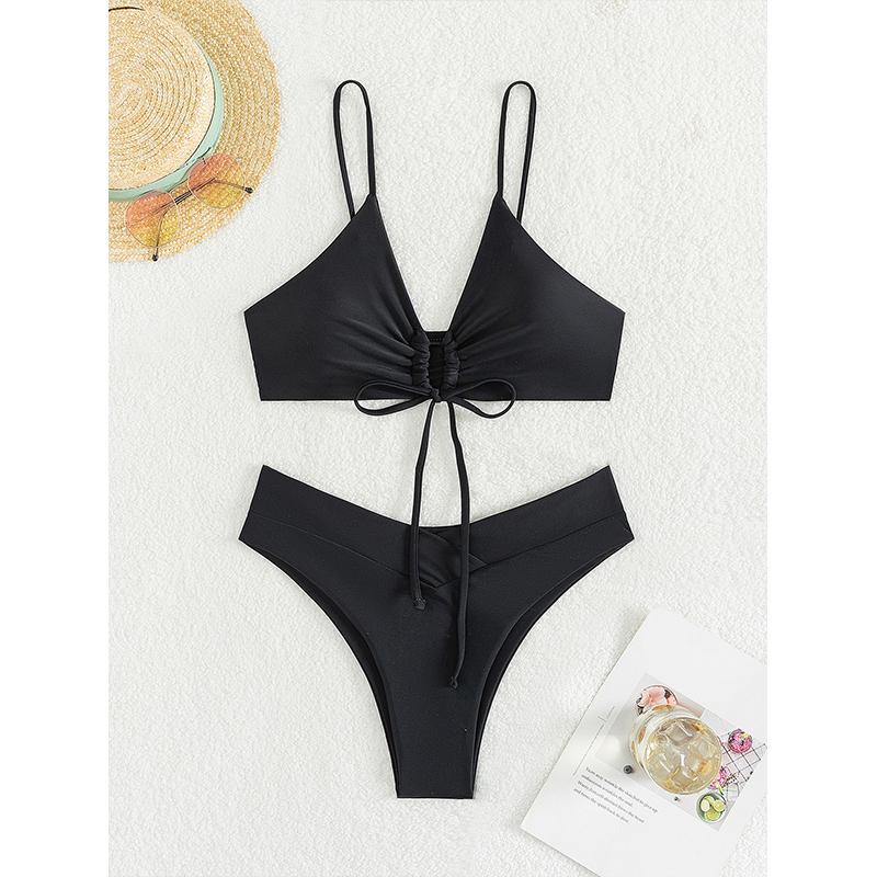 Однотонный комплект бикини, купальник с высокой талией, женский купальник с эффектом пуш-ап, купальный костюм, женский купальный костюм из двух предметов
