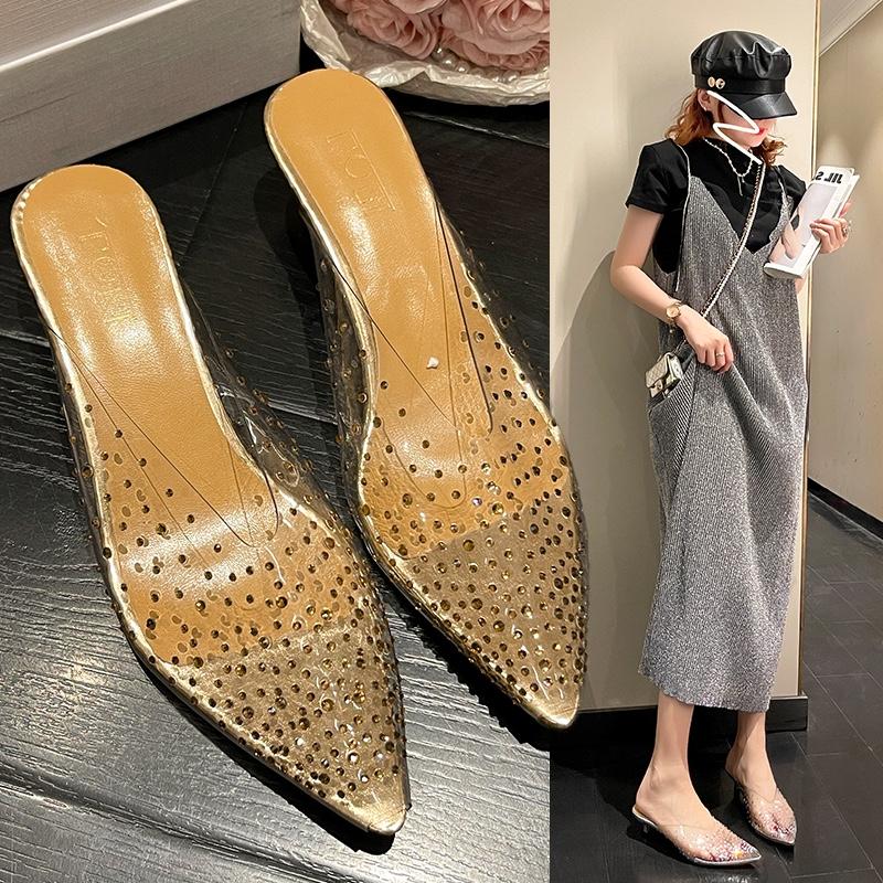 Модные новые летние корейские сандалии с острым носком, стильные женские туфли на низком каблуке, полутапочки с носом, сексуальные уличные тапочки со стразами