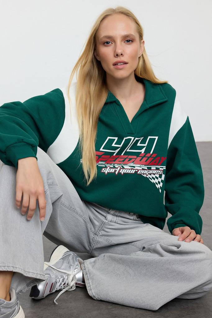 Женская модная стильная толстовка изумрудно-зеленого цвета, толстая внутри из флиса, свободный размер, широкий крой, вязаный свитшот с вырезом поло