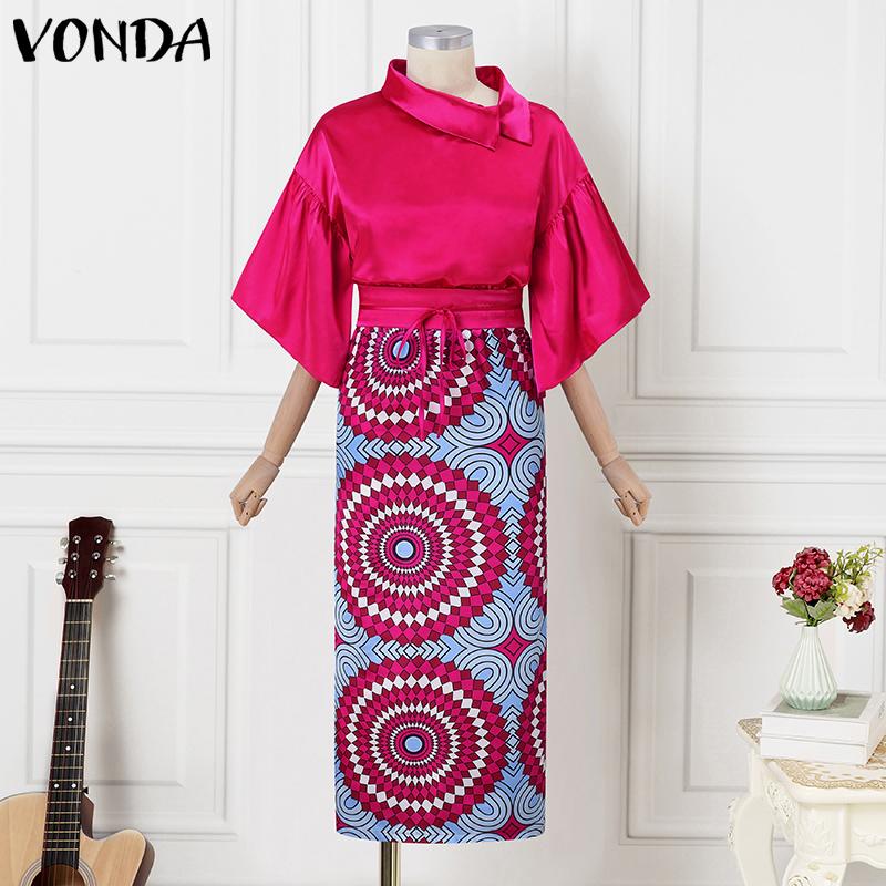 VONDA Женские костюмы с топом и юбкой большого размера с расклешенным воротником и длинными рукавами