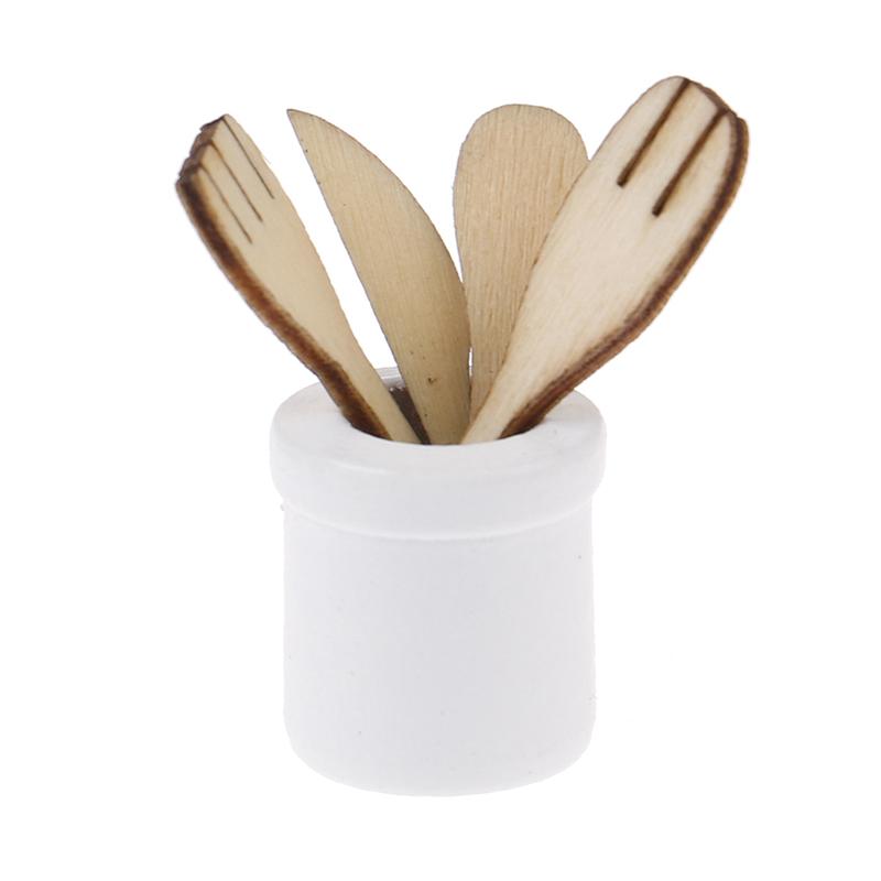 1:12 кукольных мини-деревянных лопаточек, ножей, вилок, венчиков, банок, набор для декора кукольной кухни
