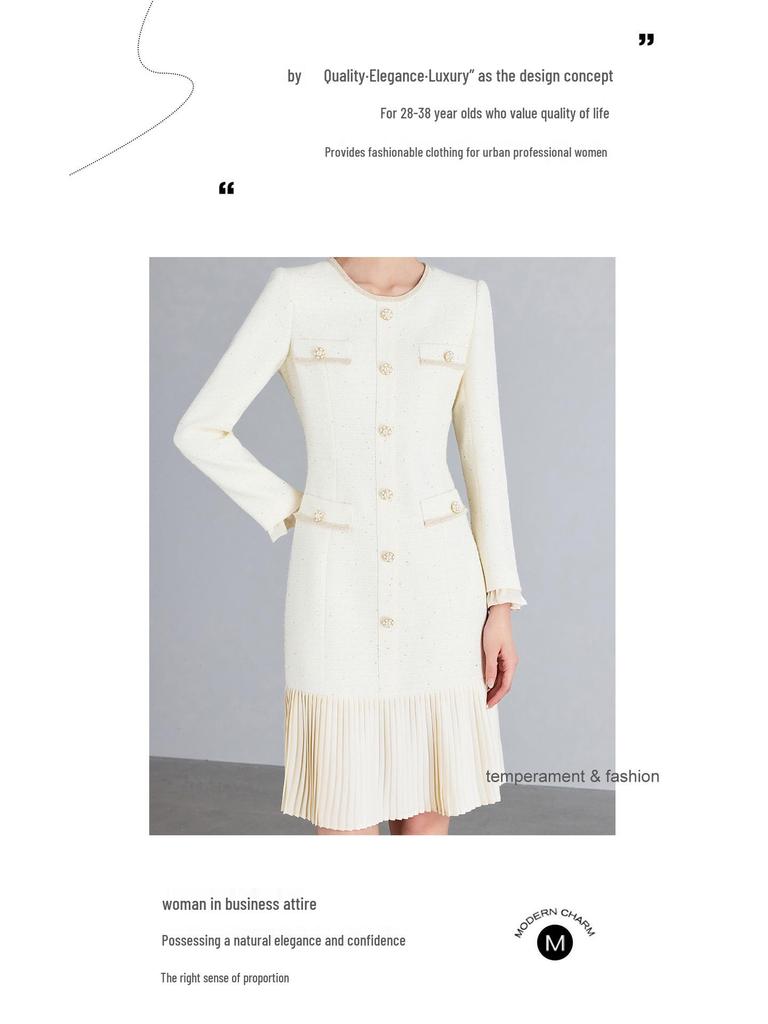 Beige French Style Pleated Long Sleeve Dress for Women - 2025 Elegant Slimming Design