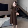 Autumn/Winter A-Line Knitted Dress with Puff Sleeves and Square Neck - Waist-Slimming, Elegant Socialite Style