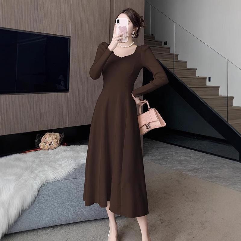 Autumn/Winter A-Line Knitted Dress with Puff Sleeves and Square Neck - Waist-Slimming, Elegant Socialite Style