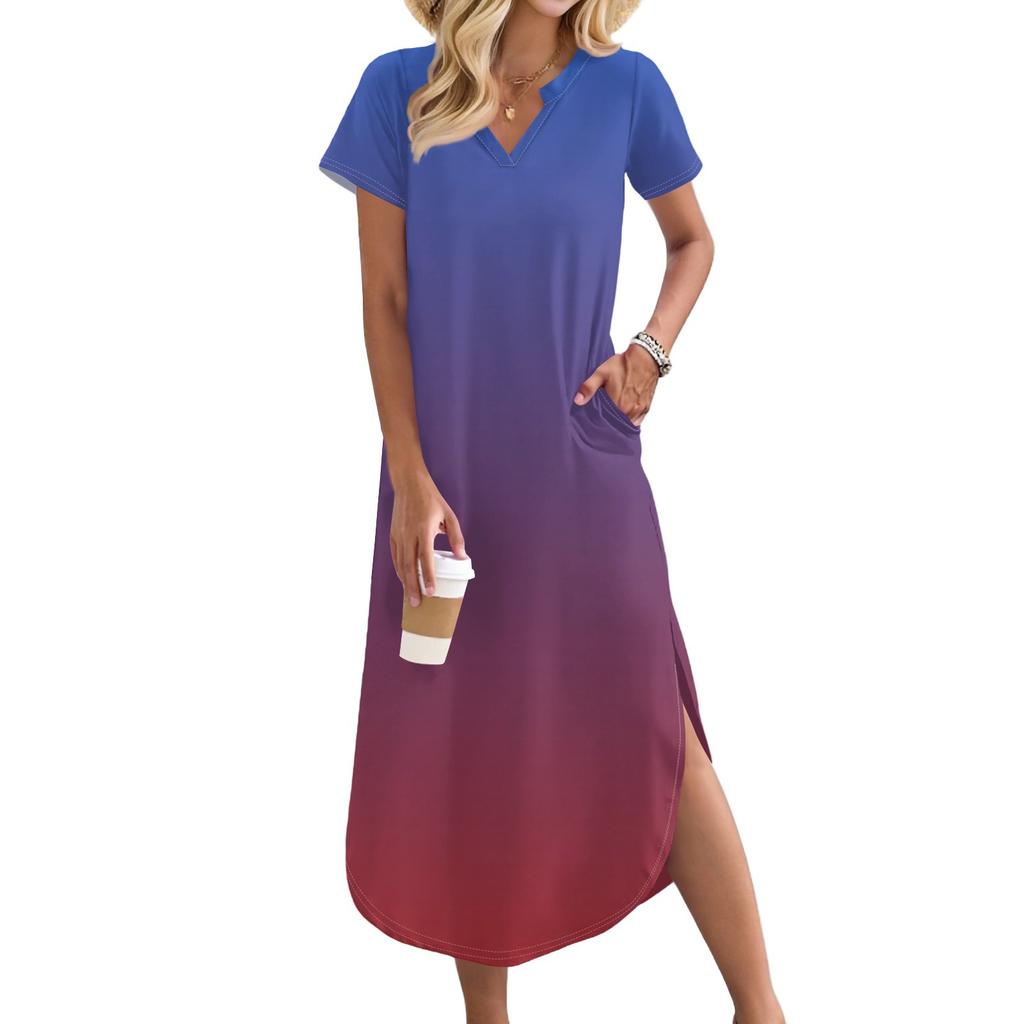 Women's Long Skirt Casual V-neck Long Shirt Dress Loose Slit Holiday Short Sleeve Dress