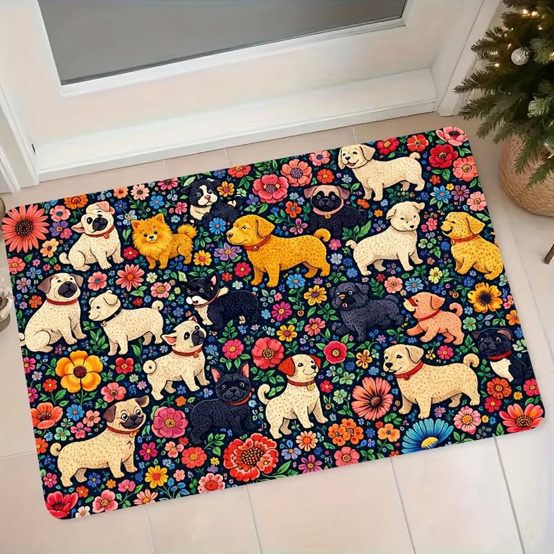 1pc Cute Cartoon Dog Floral Pattern Flannel Mat Entrance Door Mat Bathroom Kitchen Bedroom Non-Slip Water-Absorbing Easy-Clean Foot Mat Home Cartoon P