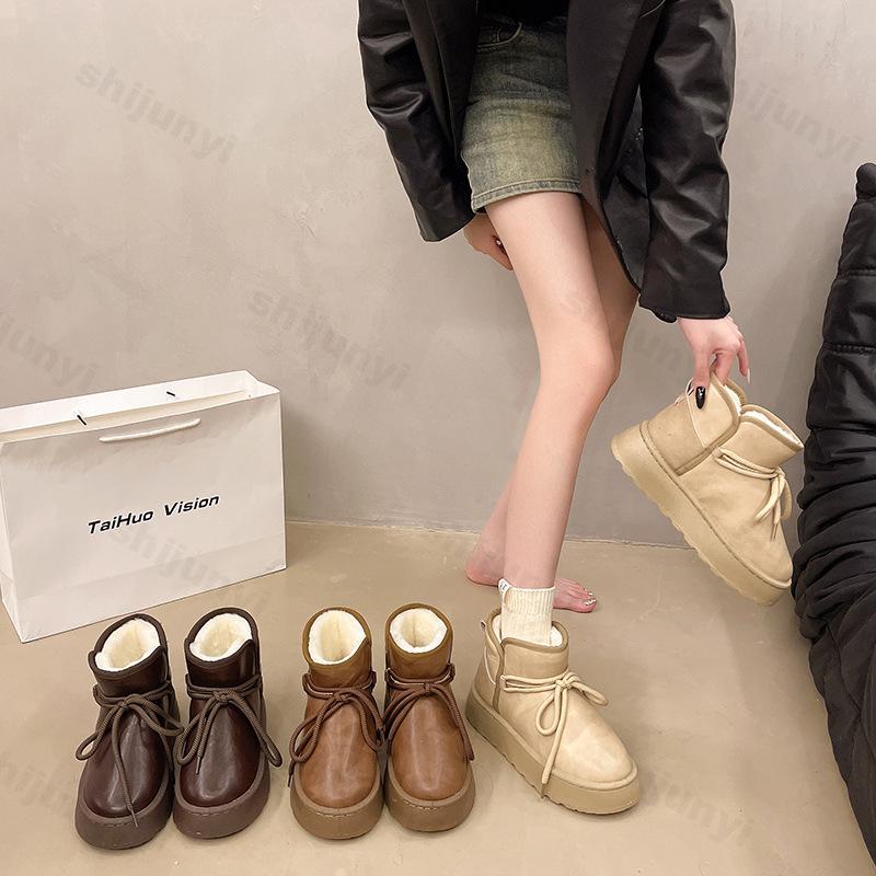 Обувь для женщин Сапоги 2025 Новые круглые носки Роскошные дизайнерские зимние сапоги для снега Женская обувь Женская мода Шнуровка Спортивные сапоги