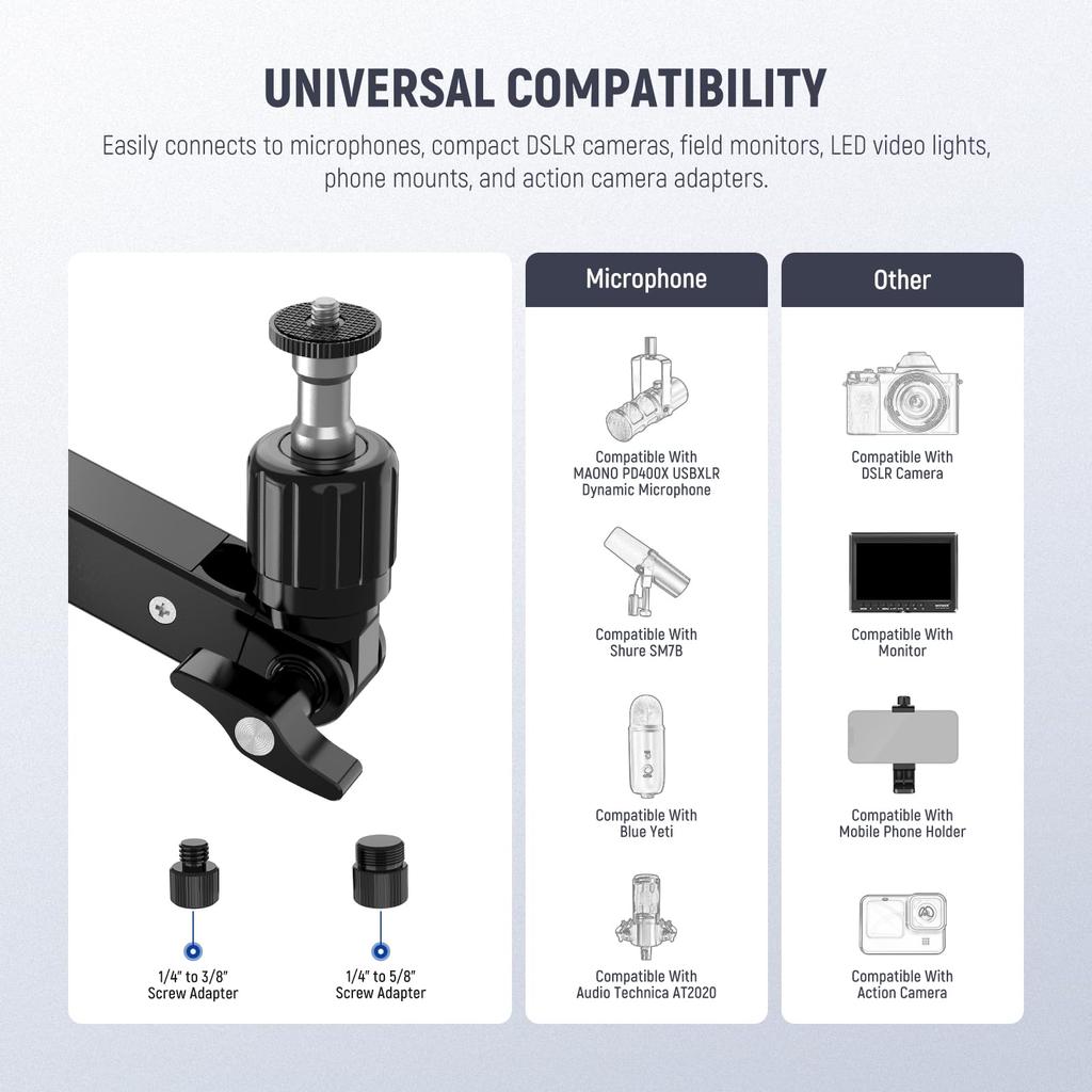 NEEWER Тонкий микрофонный кронштейн для стола с демпфированием, вращение на 360°, шарнирный кронштейн с регулируемой по высоте стойкой и каналом для прокладки кабелей