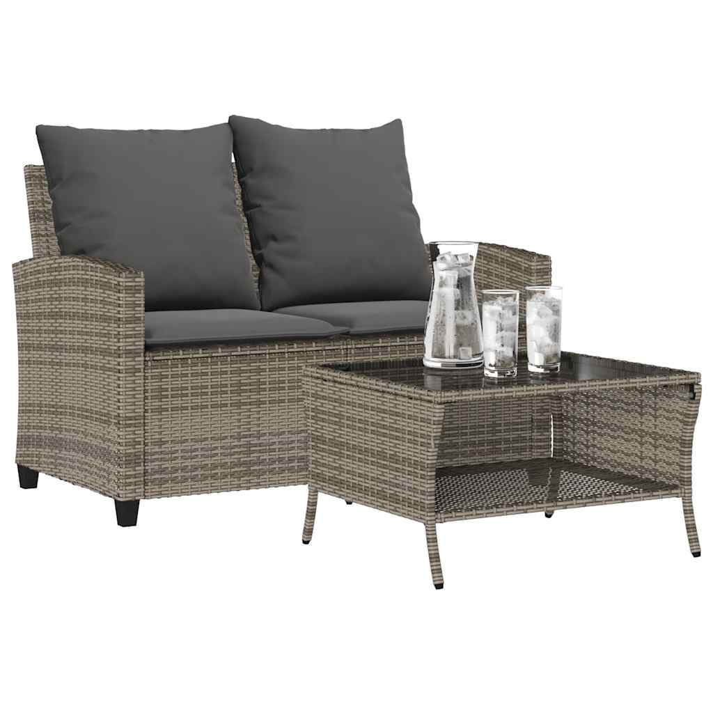 2 Seater Garden Sofa with Cushions & Table Grey Poly Rattan