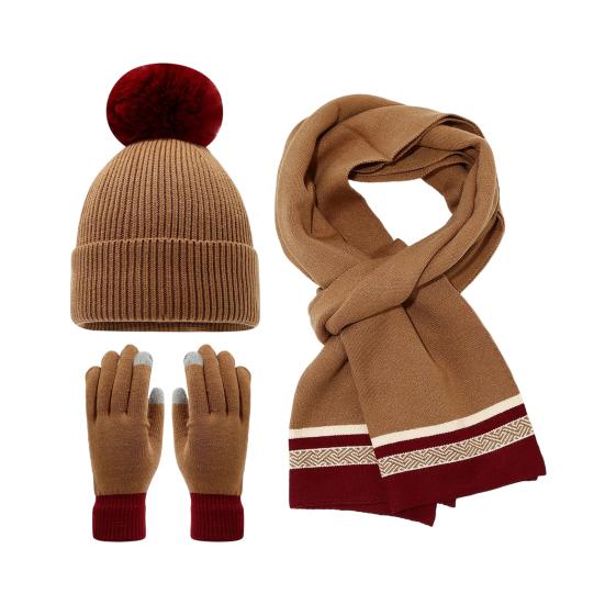 3Pcs/Set Women Winter Hat Scarf Gloves Set Plush Ball Decor Elastic Knitting Hat Long Scarf Touch Screen Gloves Set