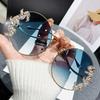 New Style Frameless Cut-edge Diamond Sunglasses With Wave Design Temple Glasses Fashionable Round Rhinestone Sunglasses