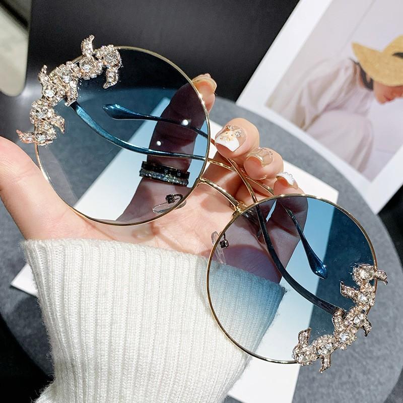 New Style Frameless Cut-edge Diamond Sunglasses With Wave Design Temple Glasses Fashionable Round Rhinestone Sunglasses