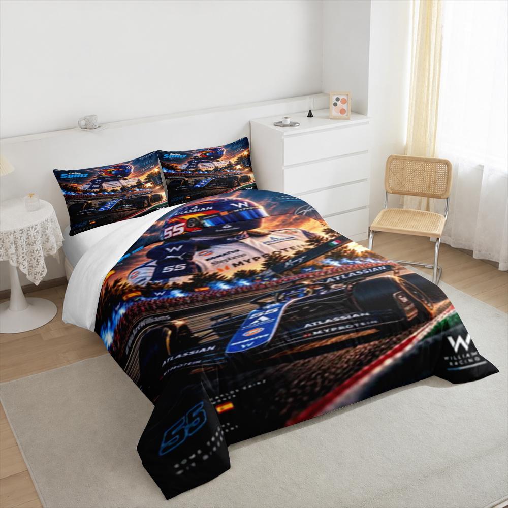 3 Piece Bedding Set with Duvet Cover and 2 Pillowcases - Carlos Sainz Williams F1 55 Print - Blue Motorsport Decor for Fans
