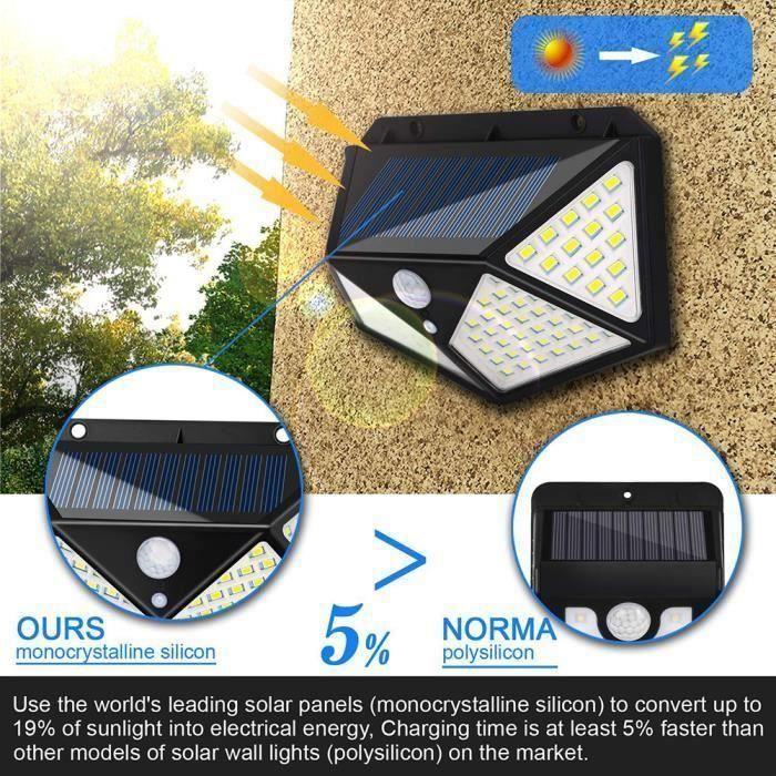 Lampe solaire étanche extérieur 100 LED avec détecteur de mouvement - Noir - Energie solaire - LED - Jardin
